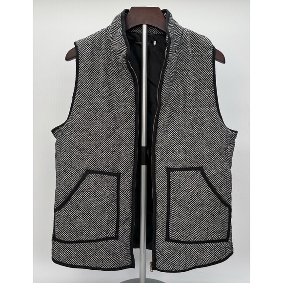 Quilted Puffer Herringbone Tweed Vest Black White Full Zip Pockets Women's Sz M - Picture 2 of 12